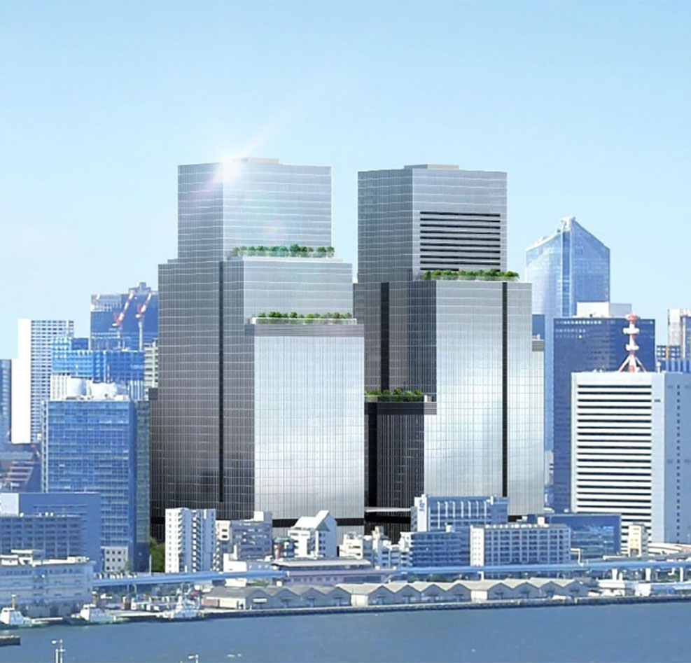 「芝浦プロジェクト」の完成予想パース。左の超高層ビルがS棟、右はN棟（未着工）