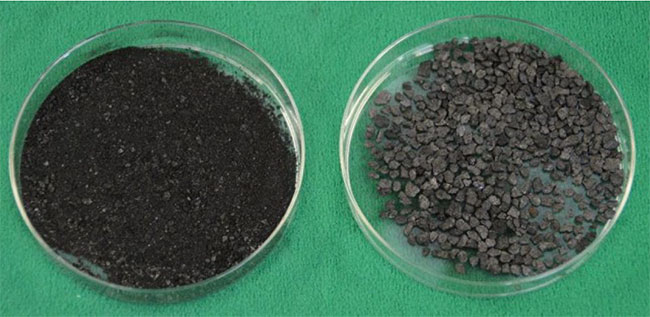 粒径1mm以下の粉状のバイオ炭（左）と2mm～5mmの粒状のバイオ炭（右）