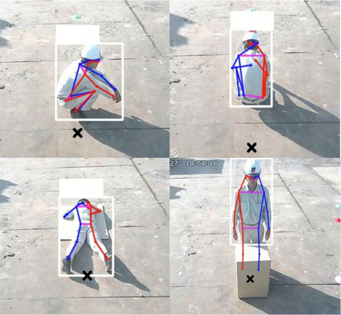 右側（赤線）と左側（青線）を区別して人の骨格を認識するため、さまざまな姿勢を推定できる。×印は足元の推定位置。常に安全側の評価（実際よりも重機に近い評価）となるように算定